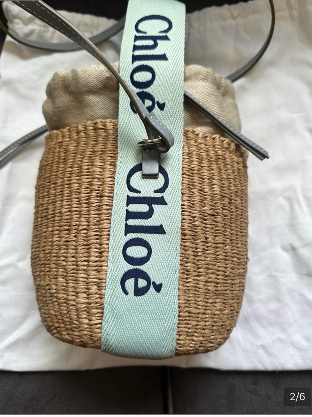 Chloe small Natural Straw Bucket Bag with Light Blue Logo Strap - Picture 2 of 6